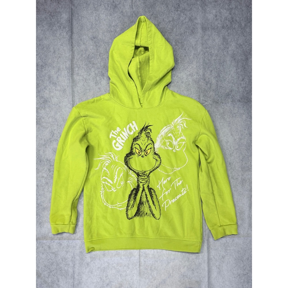 The Grinch Here for The Presents Lime Green Pom-Pom Hoodie Sweatshirt Kids L